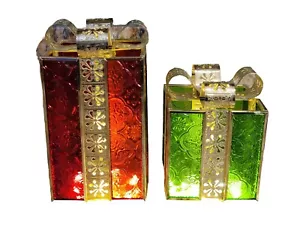 Avon Scatole Regalo in Vetro Colorato con Fiocchi Oro Illumina con Tealight Set di Due - Foto 1 di 11