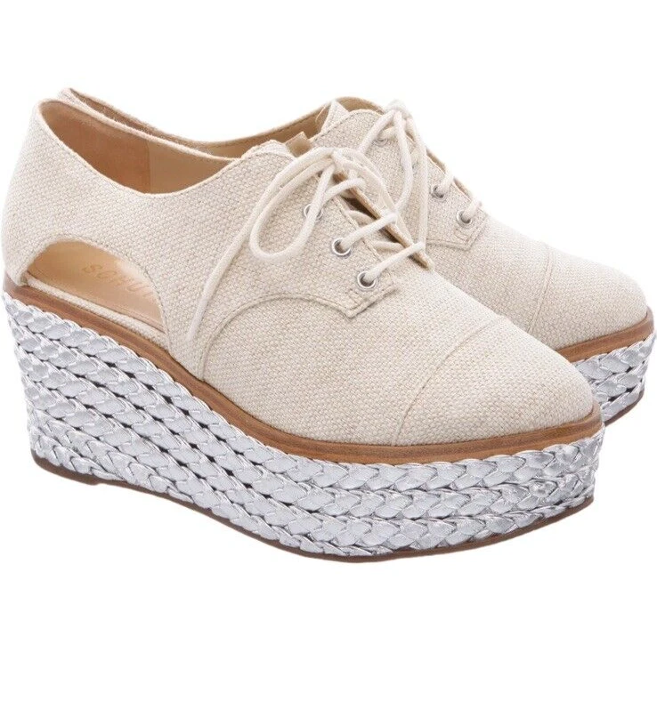 Schutz Lona Trozo Y2K Alpargata Cuña Plataforma Zapatos Talla 6.5 Trenza Metálica Foto 1 de 4