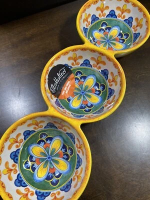 IL MULINO NUEVO!!! MELAMINA 3 Partes DIP TAZONES PARA SERVIR Azulejo Español Medallón Floral Foto 1 de 4