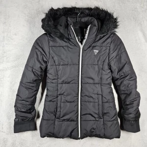 Guess Girls Lined Puffer Warm Coat Black Faux Fur Lined Logo Hood Sz M; 10-12 - Picture 1 of 22