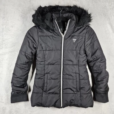 Guess Girls Lined Puffer Warm Coat Black Faux Fur Lined Logo Hood Sz M; 10-12 - Image 1 of 4