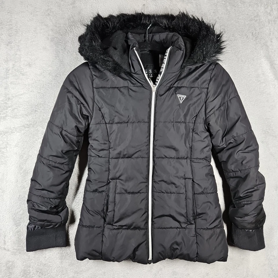 Guess Girls Lined Puffer Warm Coat Black Faux Fur Lined Logo Hood Sz M; 10-12 - Image 1 of 4