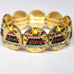 Weihnachtsbaum 320 Kristall Armreif Armband goldfarben rund Stretchverschluss 1-Größe - Bild 1 von 8