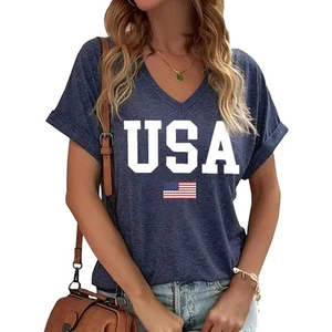 Womens Casual Short Sleeve V Neck T-Shirts 4th of July USA Flag T Shirts Patr... - Picture 1 of 1