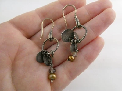 Silpada Sterling Silver Bronze Cultured Pearl Dangling Hook Earrings 925 2 Inch - Image 1 of 4