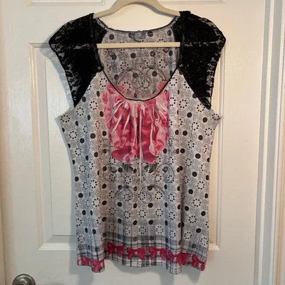 OneWorld Sleep Pajama Top XL Polka Dot Lace Cap Sleeve Pink Bow Floral - Image 1 of 4