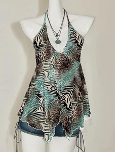 Leopard Print Halter Style Ruffles Halter Top Size 12 Assymetrical Hemline - Picture 1 of 8