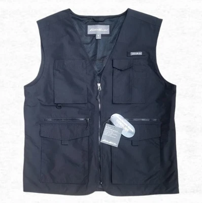 New Eddie Bauer Men Large Travex Atlas Utility Vest Hiking Black Stretch Pockets - Image 1 of 4