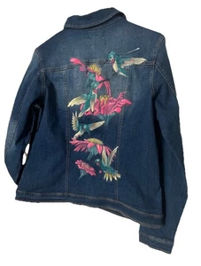 Girls Jacket Blue Denim Floral & Hummingbird Painting 1822 Large 4 pockets New - Picture 1 of 17