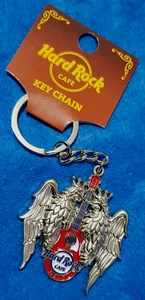 OSLO NORWAY TWIN CROWNED SILVER ROYAL EAGLES RED GUITAR KEYCHAIN Hard Rock Cafe - Picture 1 of 2