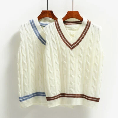 Ladies Girls Preppy Striped Knitted Vest Gilet Sweater Pullover Cute JK Party - Image 1 of 4