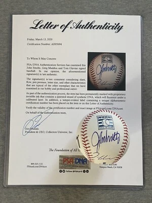 TOM GLAVINE GREG MADDUX JOHN SMOLTZ AUTOGRAPH HALL OF FAME LOGO BASEBALL PSA 694 - Image 1 of 4