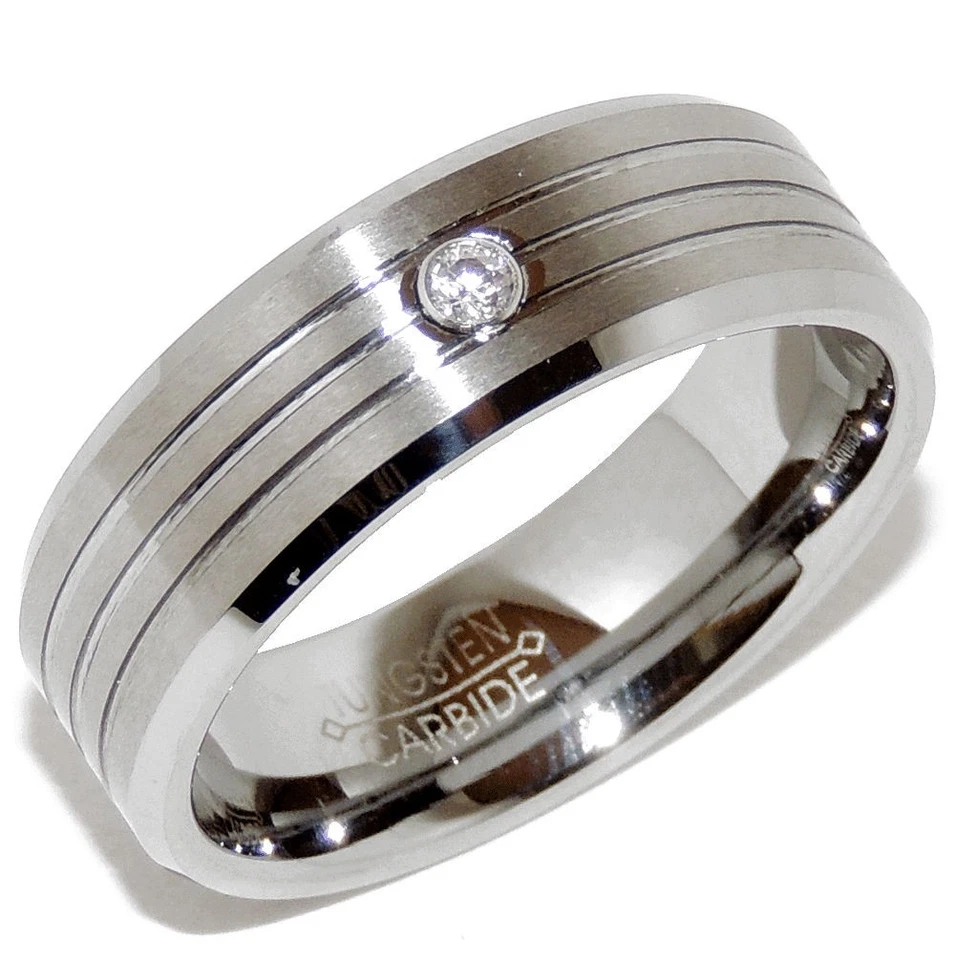 三凹槽透明 CZ 男式钨婚礼 Marriang 时尚戒指 — 第 1/1 张图片