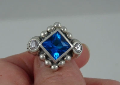 Anillo Estate de plata de ley facetado azul y vidrio transparente tamaño 6,75 Foto 1 de 4