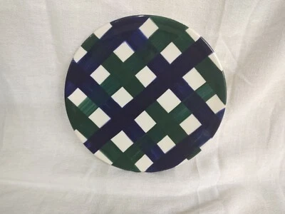 STACIE H ROSS POTTERY PLATE NAVY GREEN WHITE PLAID  — 第 1/2 张图片