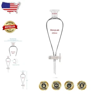 250 ml Conical Glass Separatory Funnel - 24/29 Joint with Durable PTFE Stopcock - Picture 1 of 10