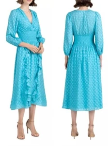 NWT $460 Shoshanna Katalina Diamond Shirtdress Long Sleeve Midi Cerulean Blue 6 - Picture 1 of 5