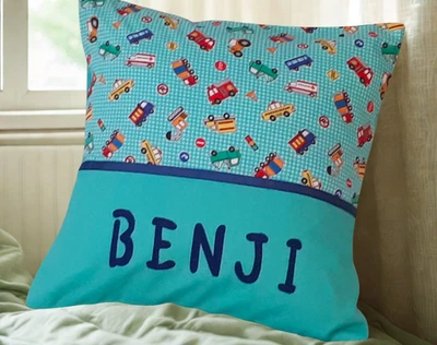 CHILDS / BOYS / PERSONALISED NAME CUSHION COVER / KINDY PILLOW - Vehicles - - Image 1 of 4