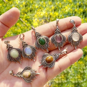 Natural Gemstone Peacock Feathers Necklace Pendant Crystal Healing Reiki Stone - Picture 1 of 36