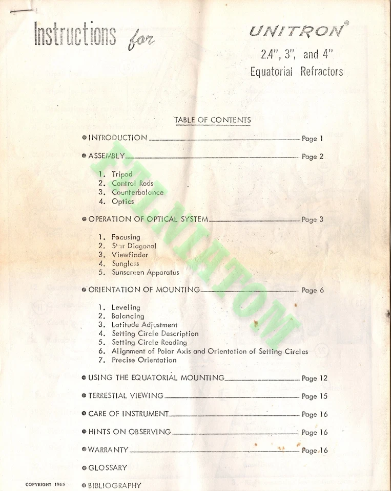Photocopied Unitron Instructions for Equatorial Refractors (20 pages) - Image 1 of 1