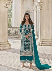 Embroidery Designer Kurta Palazzo Dupatta Indian Straight Salwar Kameez Kurti. - Picture 1 of 2