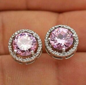2Ct Round Cut Simulated Pink Sapphire Halo Stud Earrings 14K Gold Plated Silver
