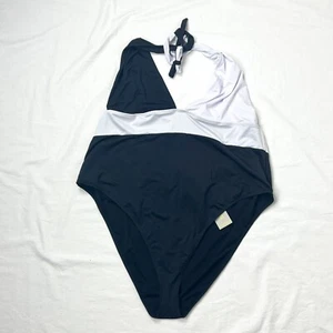 NWT Boohoo Plus Size 22 Color Block Black & White Plunge Swimsuit One-Piece BNWT - Picture 1 of 5