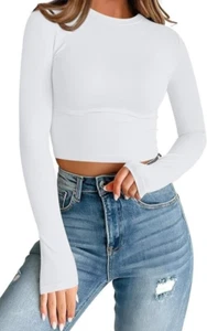 Trendy Queen Medium White Womens Long Sleeve Crop Tops Basic Slim Fitted Shirts - Picture 1 of 8