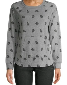 No Boundaries  NEW♈Girl's Printed LS Tee w/pocket size XS~Gray/charcoal skulls - Picture 1 of 7