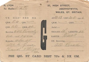1926 QSL QSO Card HAM Radio PostCard ABERYSTWYTH, WALES, GT. BRITAIN. “G” 1920s - Picture 1 of 2