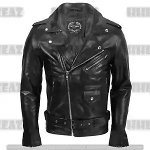 Nueva chaqueta de cuero de vaca negra para motociclista con cinturón Brando Real Café Racer para hombre - Imagen 1 de 6