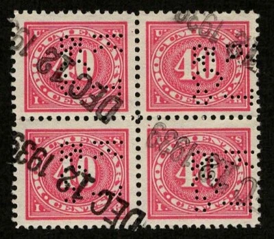 US Revenue 1917 R237 Documentary 40c Block of 4 Perfin (KT/&Co) Keane Taylor NY - Image 1 of 3