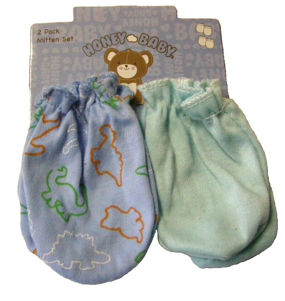 Mitones rascadores de miel bebé, niño, paquete de 2, dinosaurio azul y menta sólida, 0-9 mos. Foto 1 de 1