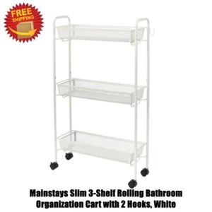 Mainstays Slim 3-Shelf Rolling Bathroom Organization Cart with 2 Hooks, White - Picture 1 of 13
