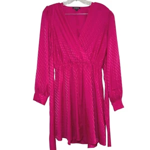 Vestido envolvente Express rosa satinado jacquard manga larga talla S femenino preppy audaz - Imagen 1 de 7