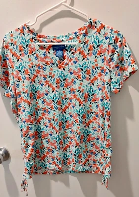 Caribbean Joe Top Womens Small White Floral Print Short Sleeve Tie Side rouching - Image 1 of 2