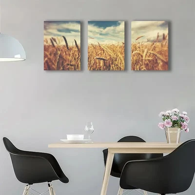 3pcs Vintage Golden Wheat Field Canvas  Metal Print Ready to Hang Art - Image 1 of 4