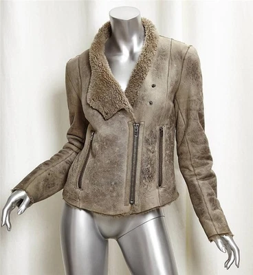 HELMUT LANG Womens Distressed Taupe Shearling Fur Leather Jacket Coat S - Image 1 of 4