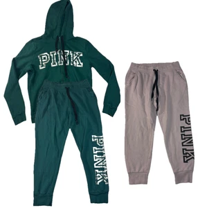 Victoria's Secret PINK Fleece Tracksuit Green Set Logo Zip Hoodie Joggers Med - Picture 1 of 24