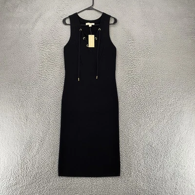 Michael Michael Kors Midi Dress Womens XL Black Lace-Up Rib Knit Scuba Office - Image 1 of 4