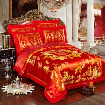 Silk Cotton Satin Jacquard Luxury Wedding Bedding Set Lace Duvet Cover Bed Sheet - Image 1 of 4
