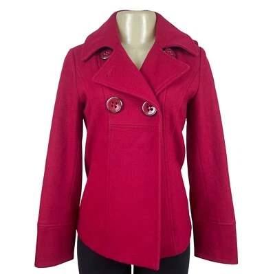 Guess Jeans Womens Red Hooded Peacoat Jacket With Button Accents & Pockets Sz XS - Image 1 of 4