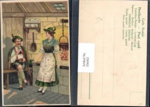336562,Präge Litho Paar i. Tracht v. Feuerstelle Pfeife Rauchen  - Picture 1 of 1