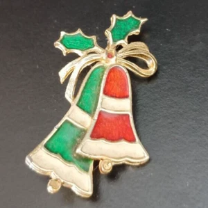 Spilla campanella natalizia vintage BEATRIX smalto rosso e verde 2" tenuta - Foto 1 di 4