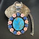 XXL Lapis Pink Pendant Blue Turquoise Navajo Sterling Silver Necklace 17456