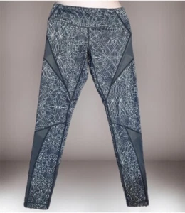 womens black geometric leggings with mesh panels  - Picture 1 of 4