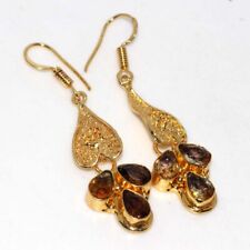 Smoky Topaz Ethnic Golden Plated Gemstone Handmade Earrings Jewelry 2.1" JW