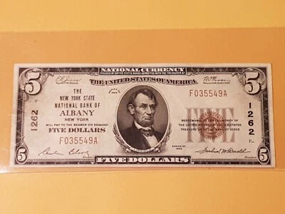 ➡➡1929 FRN-1200 Albany New York National Bank Note, Pl F84 S/N F035549A VF+App - Image 1 of 4