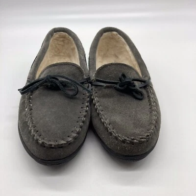 Women’s Minnetonka 4015 Leather Sherpa Lined Slippers Size 8.0M, Gray,   21615  - Image 1 of 4