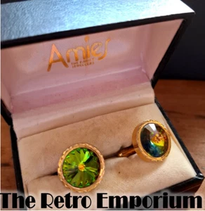 Mid-Century Vintage Rivoli Crystal Stone Cufflinks ROUND BOXED Green Blue - Picture 1 of 9